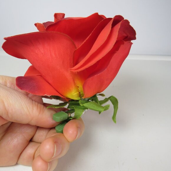 Red Rose Faux Floral Corsage with Alligator Clip 3x3 1/2 Spring Hat Attachment - Picture 3 of 4